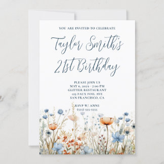 Dusty Blue Peach Wildblumen 21. Geburtstag Einladung