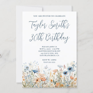 Dusty Blue Peach Wildblumen 30. Geburtstag Einladung