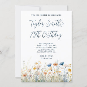 Dusty Blue Peach Wildblumen 75. Geburtstag Einladung
