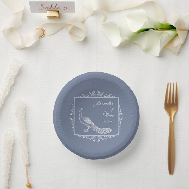 Dusty Blue Peacock Blüh Polterabend Pappteller (Hochzeit)