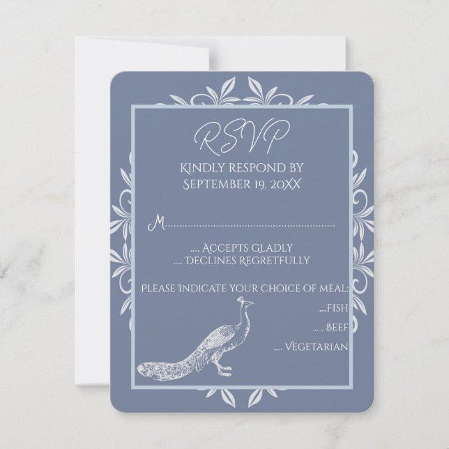 Dusty Blue Peacock Blüh Wedding RSVP Card (Vorderseite)