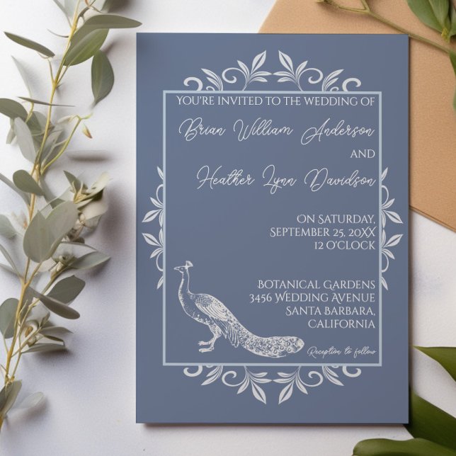 Dusty Blue Peacock Blühe Einladung zur Hochzeit (Dusty Blue Peacock Flourish Wedding Invitation)