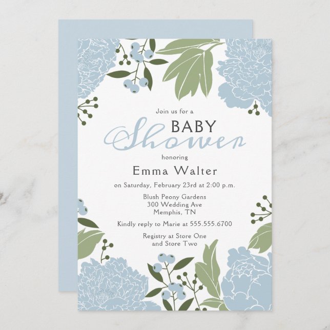 Dusty Blue Peonies Baby Shower Einladung (Vorne/Hinten)