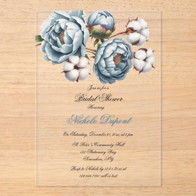 Dusty Blue Peony and Cotton Bridal Shower Acryleinladungen (Vorderseite)