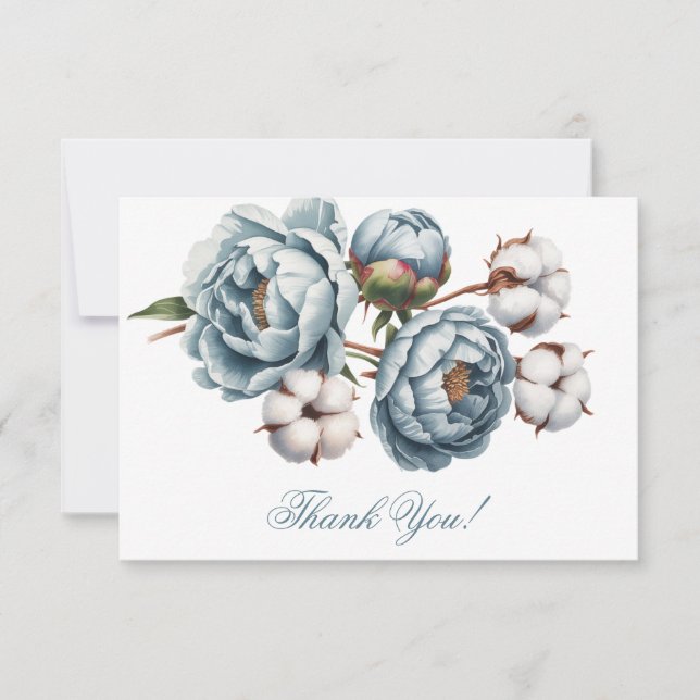 Dusty Blue Peony and Cotton Wedding Dankeskarte (Vorderseite)