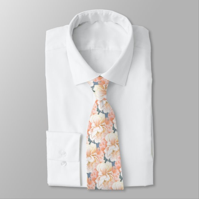 Dusty Blue Peony Floral Pattern Wedding Neck Tie Krawatte (Gebunden)