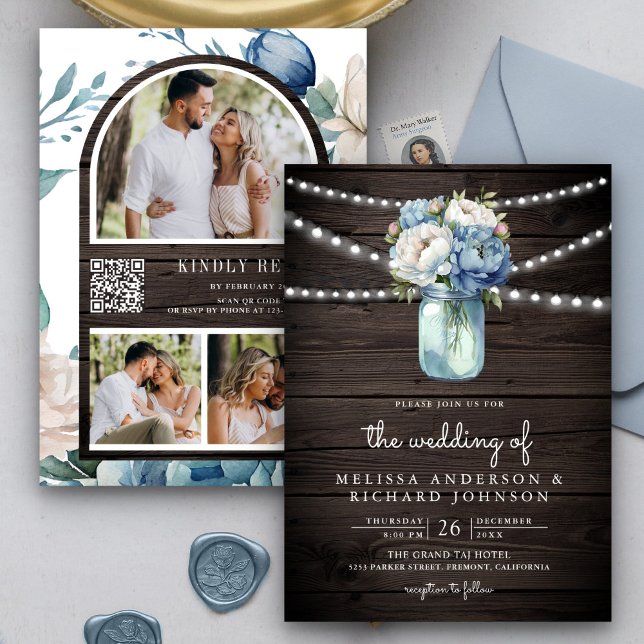 Dusty Blue Peony Mason Jar QR Code Wood Wedding Einladung (Von Creator hochgeladen)