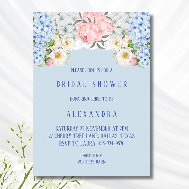 Dusty Blue Peony Romantic Hydrangea Brautparty Einladung (Von Creator hochgeladen)