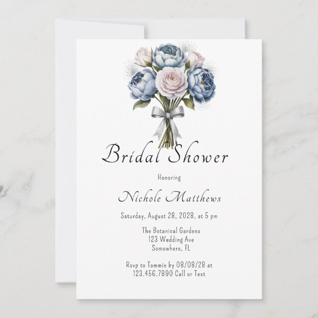 Dusty Blue Peony Rose & Glitzer Brautparty Einladung (Vorderseite)
