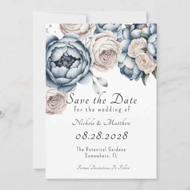 Dusty Blue Peony Rose & Glitzer Save the Date Einladung (Vorderseite)