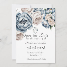Dusty Blue Peony Rose & Glitzer Save the Date Einladung
