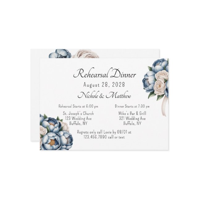 Dusty Blue Peony Rose Probe Dinner Einladung (Vorderseite/Rückseite Beispiel)