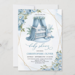 Dusty-Blue-Peonys-Baby-Crib-Goldrahmen Einladung