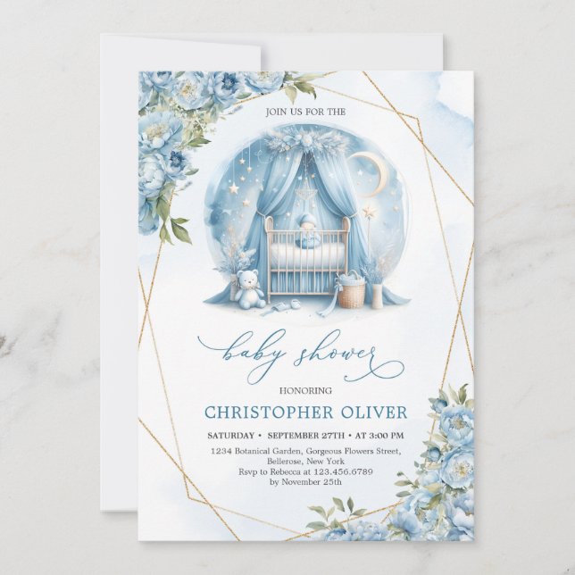 Dusty-Blue-Peonys-Baby-Crib-Goldrahmen Einladung (Vorderseite)