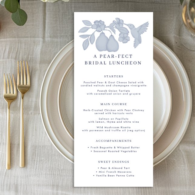 Dusty Blue Perfect Pear Bridal Luncheon Menü Card (Bridal Shower Menu)