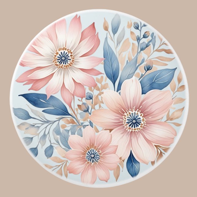 Dusty Blue Pink Blume Beige Boho Floral Keramikknauf (Von Creator hochgeladen)