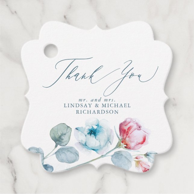 Dusty Blue Pink Blume Elegant Wedding Vielen Dank Geschenkanhänger (Vorderseite)