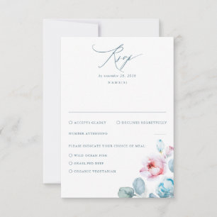 Dusty Blue Pink Blume Elegante Dreamy Wedding RSVP Karte