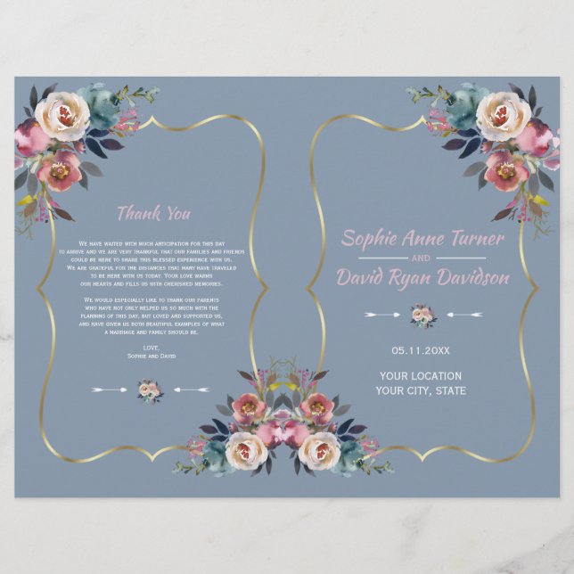 Dusty Blue Pink Blume Gold Frame Wedding Programm (Vorderseite)