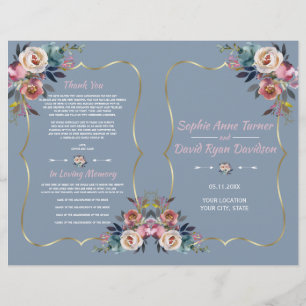 Dusty Blue Pink Blume Gold Wedding Program