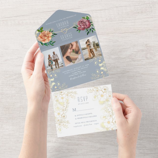 Dusty Blue Pink Blumen Fotos Hochzeit einladen All In One Einladung (Abreißen)