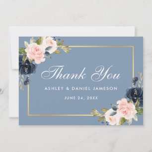 Dusty Blue Pink Blush Floral Gold Hochzeit Dankeskarte