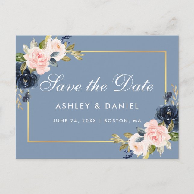 Dusty Blue Pink Blush Floral Gold Save the Date Ankündigungspostkarte (Vorderseite)
