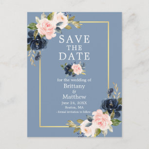 Dusty Blue Pink Blush Floral Gold Save the Date Postkarte