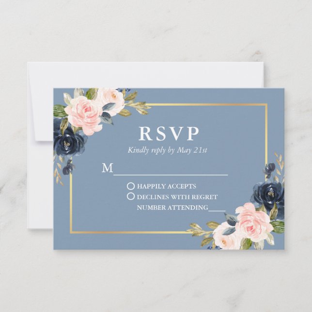 Dusty Blue Pink Blush Floral Gold Wedding RSVP (Vorderseite)