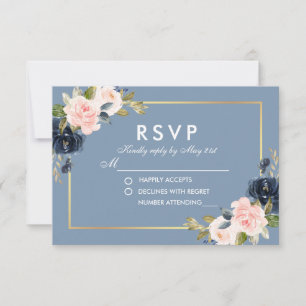 Dusty Blue Pink Blush Floral Gold Wedding RSVP Karte