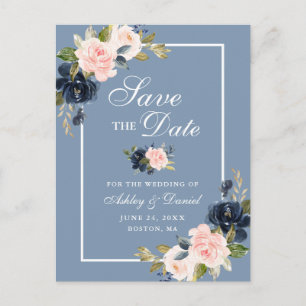 Dusty Blue Pink Blush Floral Save the Date Ankündigungspostkarte