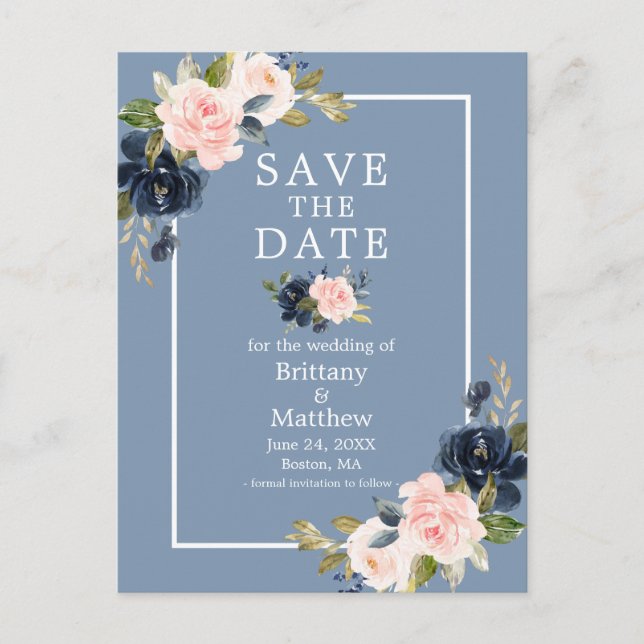 Dusty Blue Pink Blush Floral Save the Date Postkarte (Vorderseite)