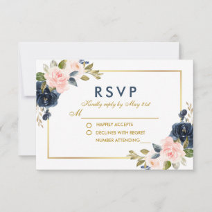 Dusty Blue Pink Blush Floral Wedding Gold UAWG RSVP Karte