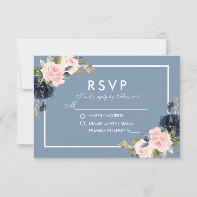 Dusty Blue Pink Blush Floral Wedding RSVP Karte (Vorderseite)