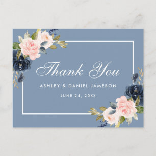 Dusty Blue Pink Blush Floral Wedding Vielen Dank Postkarte