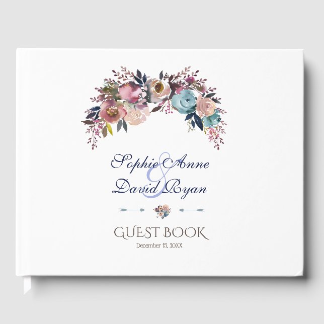 Dusty Blue Pink Floral Bouquet Wedding Gästebuch (Vorderseite)