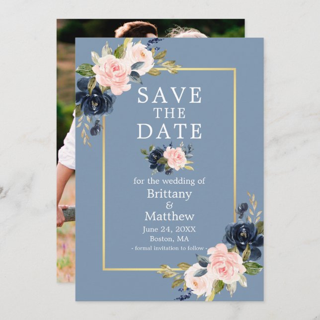 Dusty Blue Pink Floral Gold Foto Save the Date (Vorne/Hinten)