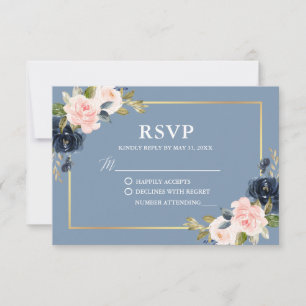 Dusty Blue Pink Floral Gold Frame Wedding RSVP Karte