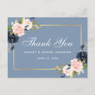 Dusty Blue Pink Floral Gold Hochzeit Vielen Dank Postkarte