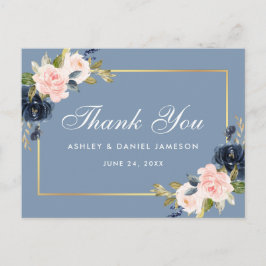 Dusty Blue Pink Floral Gold Hochzeit Vielen Dank Postkarte
