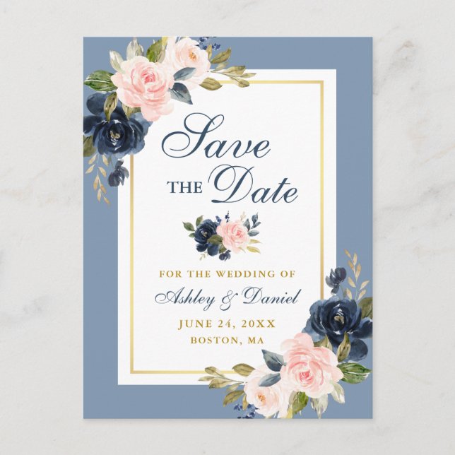 Dusty Blue Pink Floral Gold Save the Date Ankündigungspostkarte (Vorderseite)