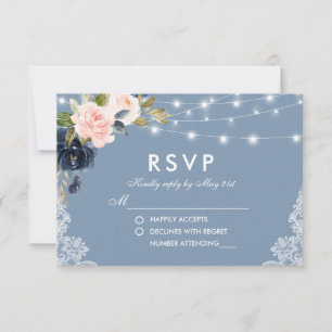 Dusty Blue Pink Floral Lace String Lights Wedding RSVP Karte