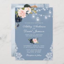Dusty Blue Pink Floral Lights Foto Hochzeit Einladung