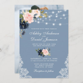 Dusty Blue Pink Floral Lights Lace Foto Hochzeit Einladung