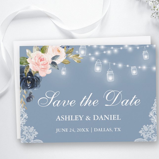 Dusty Blue Pink Floral Lights Lace Save The Date (Customize to change text size, style or to add more text to back of card.)