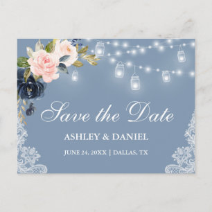 Dusty Blue Pink Floral Lights Lace Save the Date Ankündigungspostkarte