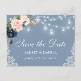 Dusty Blue Pink Floral Lights Lace Save the Date Ankündigungspostkarte