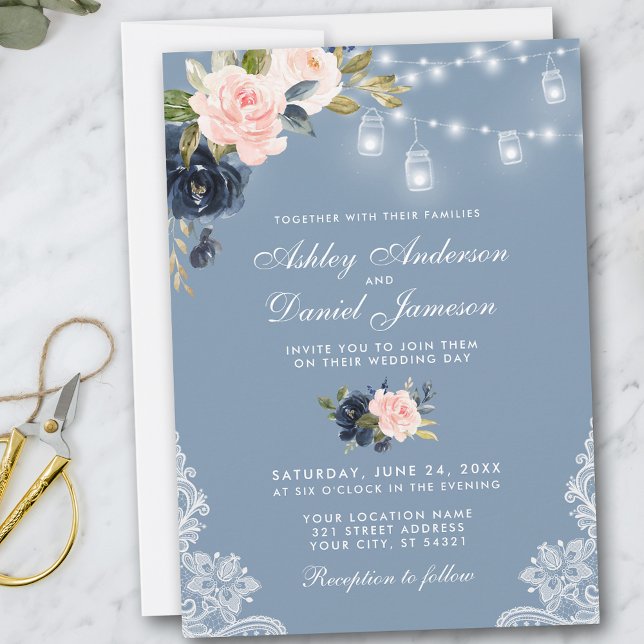 Dusty Blue Pink Floral Lights Wedding Einladung (Customize to add more text or photos to back of card.)