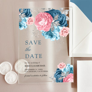 Dusty Blue Pink Floral Rose Hochzeit speichern das Acryleinladungen
