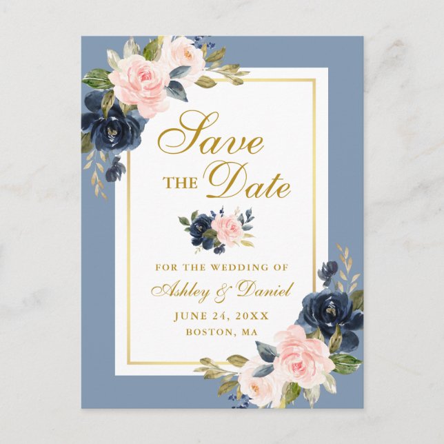 Dusty Blue Pink Floral Save the Date Gold Ankündigungspostkarte (Vorderseite)